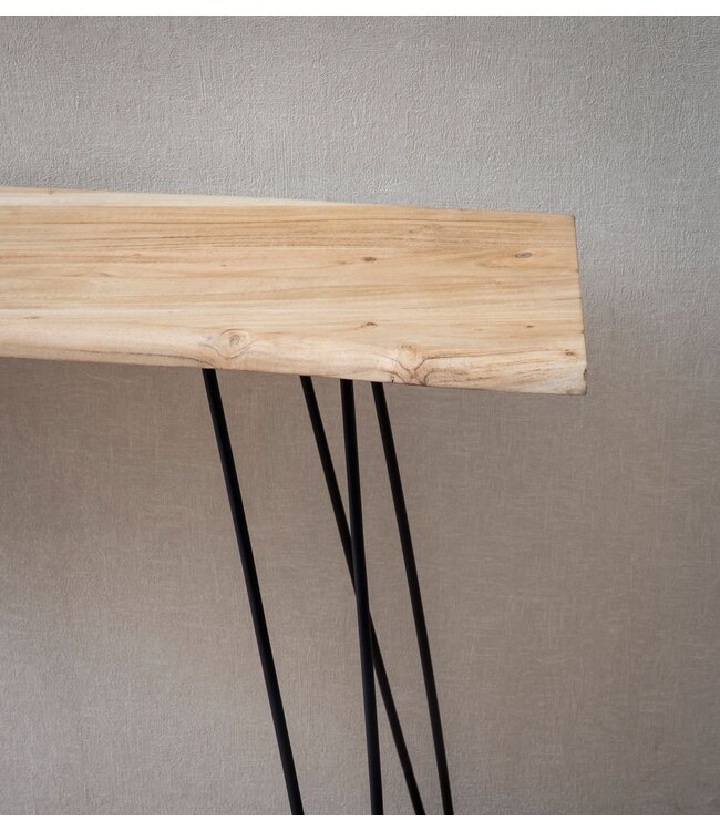 Wohnling consoletafel 150x36x75 cm acacia massief hout boomrand dressoir hal, opbergtafel met haarspeldpoten smal modern, haltafel metalen frame, haltafel lang hoog