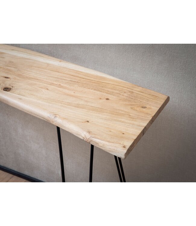 Wohnling consoletafel 150x36x75 cm acacia massief hout boomrand dressoir hal, opbergtafel met haarspeldpoten smal modern, haltafel metalen frame, haltafel lang hoog