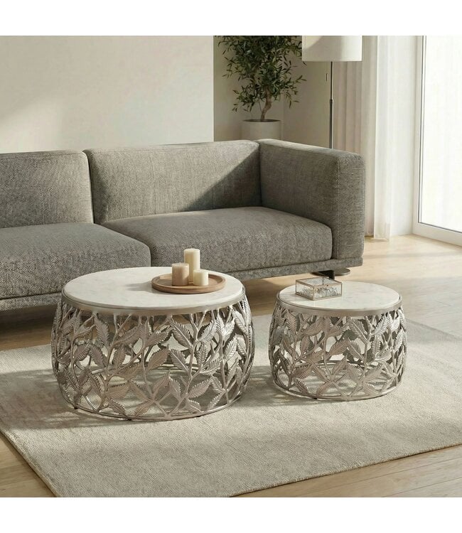 Wohnling 2-delige set salontafels zilver met wit marmeren tafelblad - Woonkamertafel bijzettafel rond - Bijzettafel aluminium modern - Salontafel set aluminium metalen frame design handgemaakt