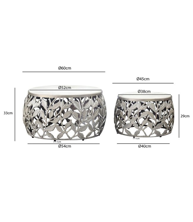 Wohnling 2-delige set salontafels zilver met wit marmeren tafelblad - Woonkamertafel bijzettafel rond - Bijzettafel aluminium modern - Salontafel set aluminium metalen frame design handgemaakt