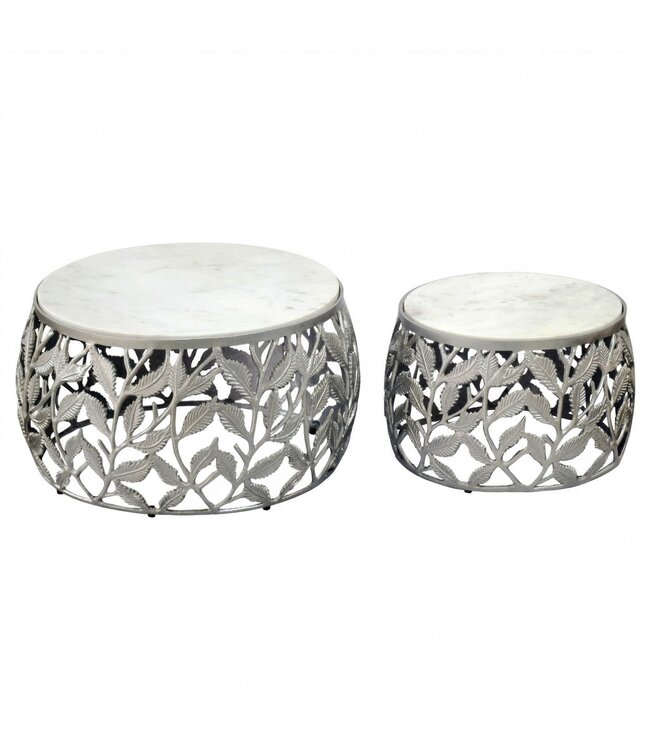 Wohnling 2-delige set salontafels zilver met wit marmeren tafelblad - Woonkamertafel bijzettafel rond - Bijzettafel aluminium modern - Salontafel set aluminium metalen frame design handgemaakt