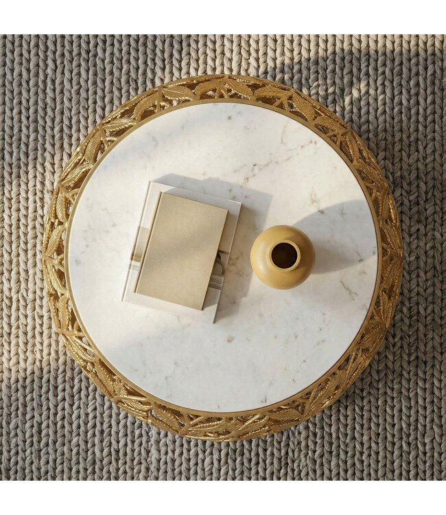 Wohnling Salontafel 60cm Goud met wit marmeren tafelblad - Ronde woonkamertafel - Moderne banktafel - Aluminium bijzettafel - Design bijzettafel woonkamer metalen frame Handgemaakt