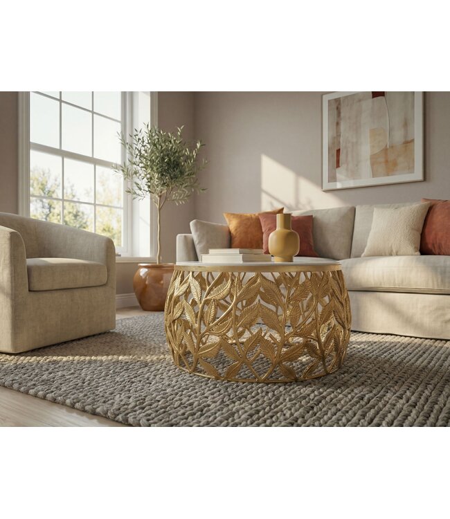 Wohnling Salontafel 60cm Goud met wit marmeren tafelblad - Ronde woonkamertafel - Moderne banktafel - Aluminium bijzettafel - Design bijzettafel woonkamer metalen frame Handgemaakt