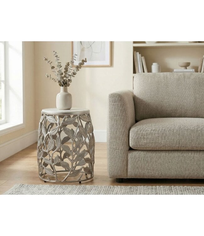 Wohnling Bijzettafel 40cm Zilver met wit marmeren tafelblad - Salontafel klein rond - Sofatafel Alu modern - Woonkamertafel Aluminium - Design tafel Metalen frame Handgemaakt