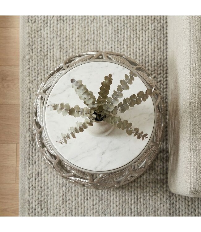 Wohnling Bijzettafel 40cm Zilver met wit marmeren tafelblad - Salontafel klein rond - Sofatafel Alu modern - Woonkamertafel Aluminium - Design tafel Metalen frame Handgemaakt