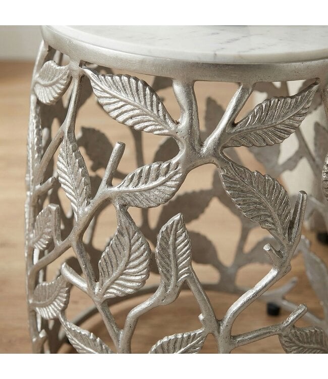 Wohnling Bijzettafel 40cm Zilver met wit marmeren tafelblad - Salontafel klein rond - Sofatafel Alu modern - Woonkamertafel Aluminium - Design tafel Metalen frame Handgemaakt