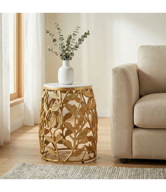 Wohnling Bijzettafel 40cm Goud met wit marmeren tafelblad - Kleine ronde salontafel - Moderne aluminium banktafel - Aluminium woonkamertafel - Design tafel metalen frame Handgemaakt
