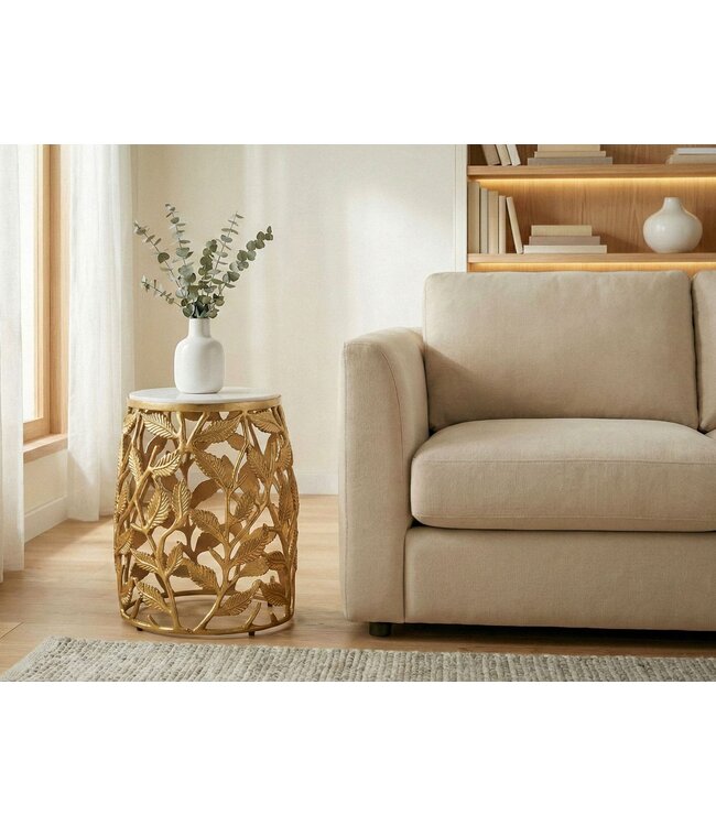 Wohnling Bijzettafel 40cm Goud met wit marmeren tafelblad - Kleine ronde salontafel - Moderne aluminium banktafel - Aluminium woonkamertafel - Design tafel metalen frame Handgemaakt
