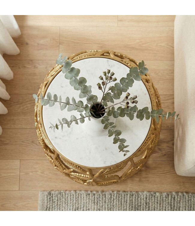 Wohnling Bijzettafel 40cm Goud met wit marmeren tafelblad - Kleine ronde salontafel - Moderne aluminium banktafel - Aluminium woonkamertafel - Design tafel metalen frame Handgemaakt
