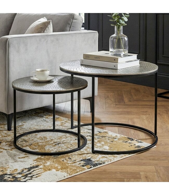 Wohnling Salontafelset Metaal 2-delig rond zilver - Salontafel Aluminium tafelbladen met patroon - Bijzettafel Sofatafel Alu modern - Woonkamertafel IJzeren frame Handgemaakt