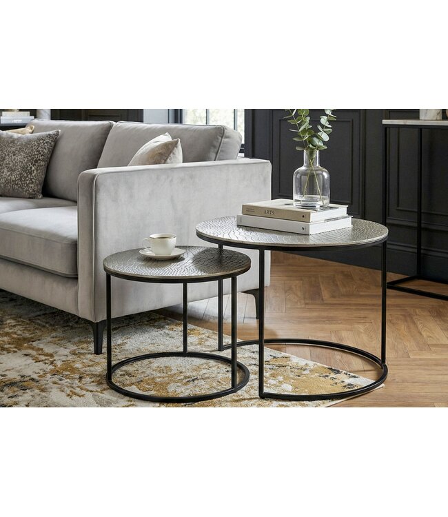 Wohnling Salontafelset Metaal 2-delig rond zilver - Salontafel Aluminium tafelbladen met patroon - Bijzettafel Sofatafel Alu modern - Woonkamertafel IJzeren frame Handgemaakt