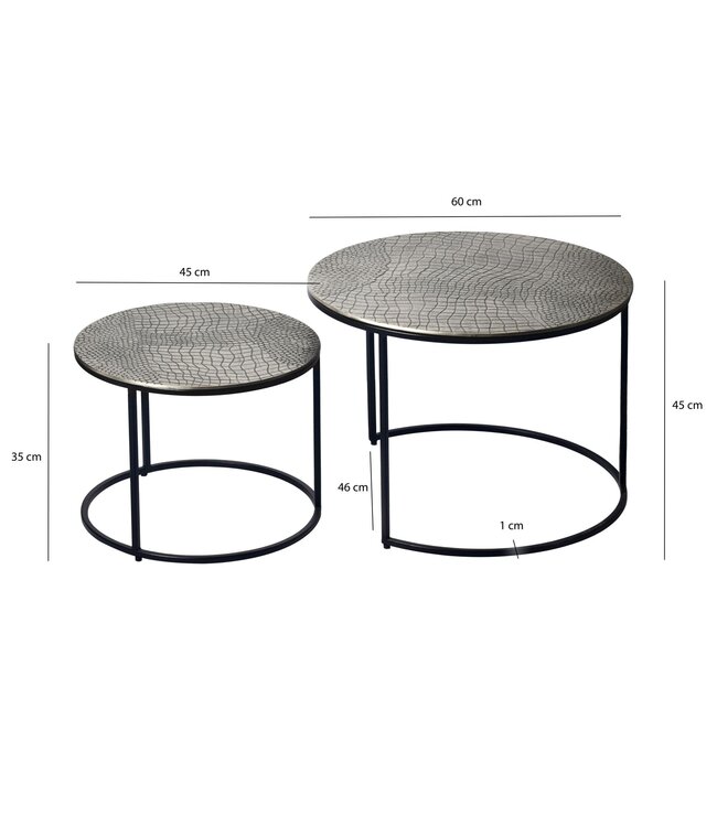 Wohnling Salontafelset Metaal 2-delig rond zilver - Salontafel Aluminium tafelbladen met patroon - Bijzettafel Sofatafel Alu modern - Woonkamertafel IJzeren frame Handgemaakt