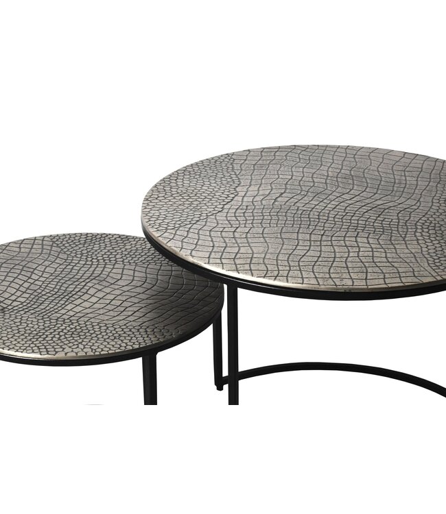 Wohnling Salontafelset Metaal 2-delig rond zilver - Salontafel Aluminium tafelbladen met patroon - Bijzettafel Sofatafel Alu modern - Woonkamertafel IJzeren frame Handgemaakt