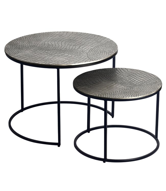 Wohnling Salontafelset Metaal 2-delig rond zilver - Salontafel Aluminium tafelbladen met patroon - Bijzettafel Sofatafel Alu modern - Woonkamertafel IJzeren frame Handgemaakt