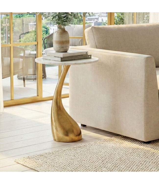 Wohnling Bijzettafel 45cm Goud met wit marmeren tafelblad - Kleine ronde salontafel - Aluminium bijzettafel modern - Aluminium woonkamertafel - Design tafel metalen onderstel hoog Handgemaakt