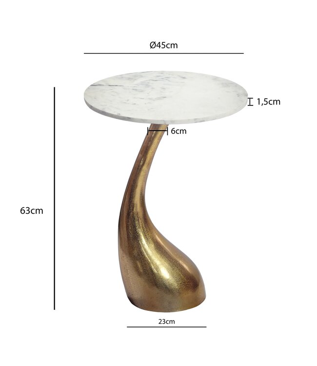 Wohnling Bijzettafel 45cm Goud met wit marmeren tafelblad - Kleine ronde salontafel - Aluminium bijzettafel modern - Aluminium woonkamertafel - Design tafel metalen onderstel hoog Handgemaakt