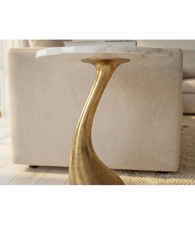 Wohnling Bijzettafel 45cm Goud met wit marmeren tafelblad - Kleine ronde salontafel - Aluminium bijzettafel modern - Aluminium woonkamertafel - Design tafel metalen onderstel hoog Handgemaakt