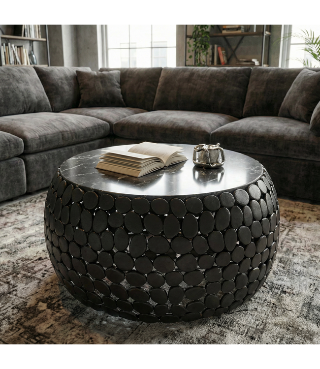 Wohnling Design Salontafel rond 65 cm van aluminium en zwart marmeren tafelblad - Woonkamertafel aluminium - Metalen banktafel - Bijzettafel woonkamer - Handgemaakt