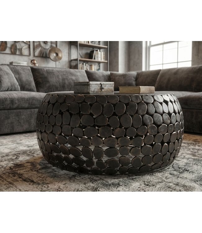 Wohnling Design Salontafel rond 65 cm van aluminium en zwart marmeren tafelblad - Woonkamertafel aluminium - Metalen banktafel - Bijzettafel woonkamer - Handgemaakt