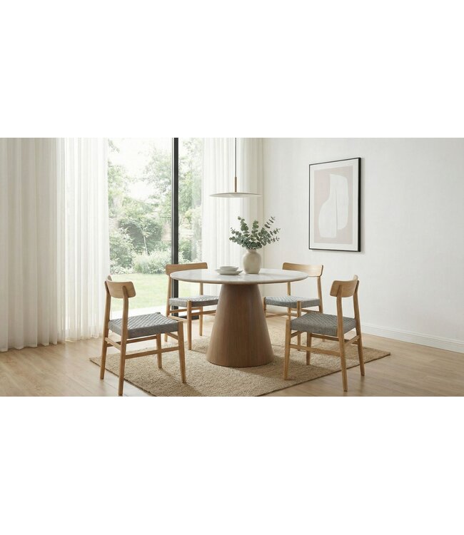 Wohnling Ronde eettafel 120cm met wit gesinterd steen tafelblad in marmerlook - Eetkamertafel keukentafel voor 6 personen modern - Design tafel metalen onderstel walnoot-look eetkamer keuken
