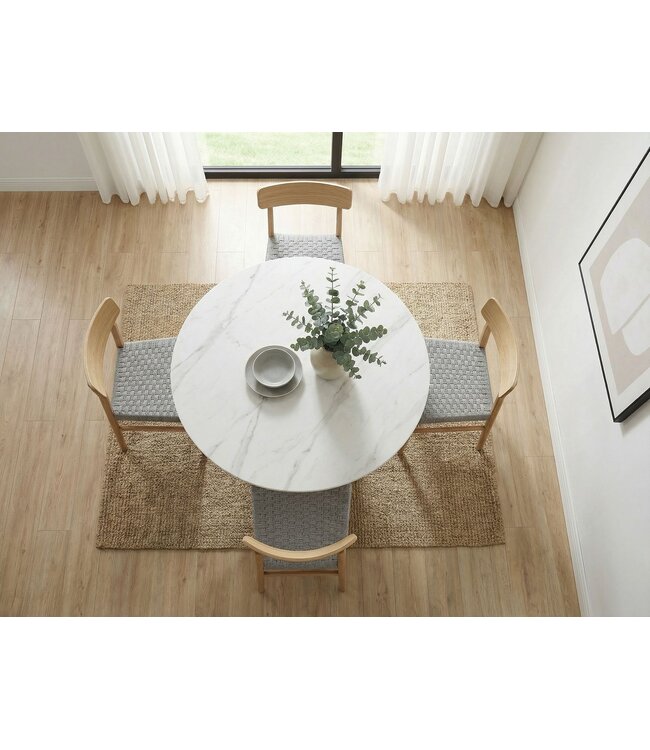 Wohnling Ronde eettafel 120cm met wit gesinterd steen tafelblad in marmerlook - Eetkamertafel keukentafel voor 6 personen modern - Design tafel metalen onderstel walnoot-look eetkamer keuken