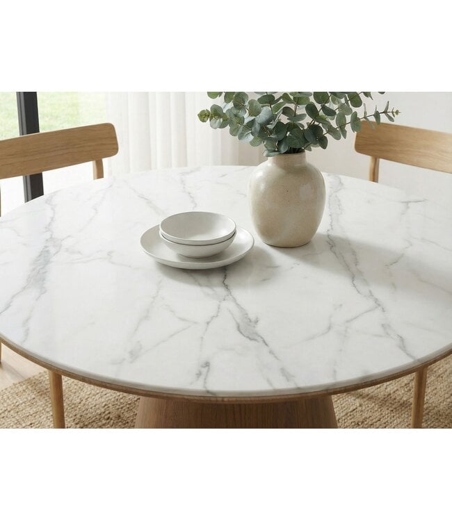 Wohnling Ronde eettafel 120cm met wit gesinterd steen tafelblad in marmerlook - Eetkamertafel keukentafel voor 6 personen modern - Design tafel metalen onderstel walnoot-look eetkamer keuken