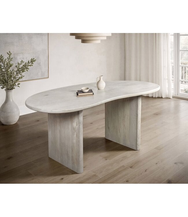 Wohnling Eettafel 180x90x75 cm Mango Massief Hout Witte Eettafel Retro, Keukentafel Massief Niervorm, Houten Tafel Eetkamer, Grote Eettafel Hout