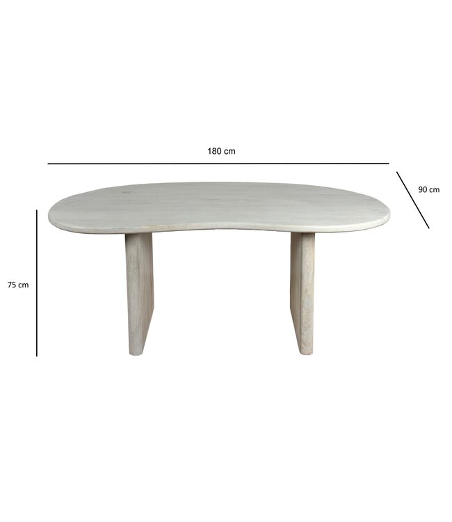 Wohnling Eettafel 180x90x75 cm Mango Massief Hout Witte Eettafel Retro, Keukentafel Massief Niervorm, Houten Tafel Eetkamer, Grote Eettafel Hout