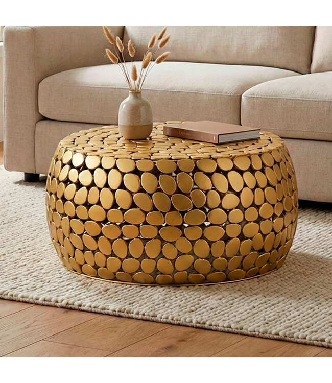 Wohnling Salontafel Aluminium goud rond 66x32 cm - Design Sofatafel Woonkamer – Moderne Woonkamertafel Metaal – Ronde Loungtafel – Aluminium Bijzettafel Handgemaakt