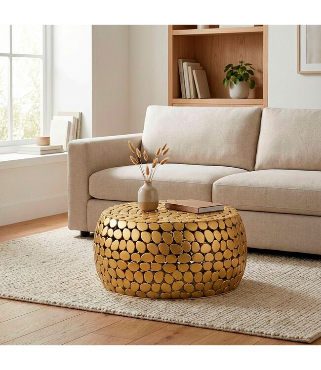 Wohnling Salontafel Aluminium goud rond 66x32 cm - Design Sofatafel Woonkamer – Moderne Woonkamertafel Metaal – Ronde Loungtafel – Aluminium Bijzettafel Handgemaakt