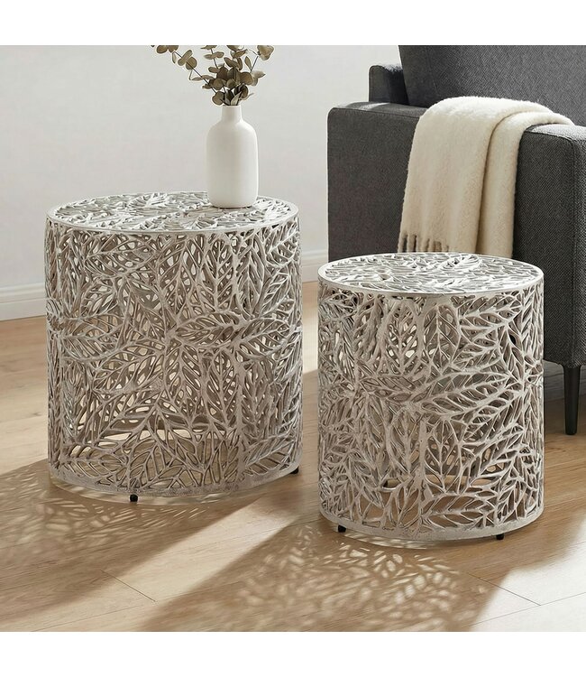 Wohnling Bijzettafel Aluminium 2-delige set rond zilver - Bijzettafel met bladmotief - Decoratieve salontafel Alu Design - Moderne metalen tafel - Woonkamertafel Set Handgemaakt