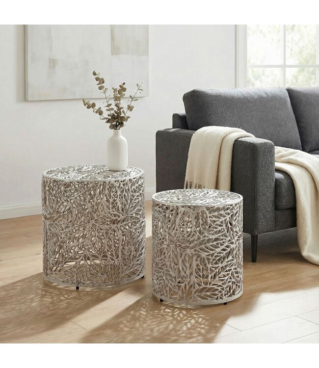 Wohnling Bijzettafel Aluminium 2-delige set rond zilver - Bijzettafel met bladmotief - Decoratieve salontafel Alu Design - Moderne metalen tafel - Woonkamertafel Set Handgemaakt