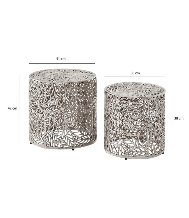 Wohnling Bijzettafel Aluminium 2-delige set rond zilver - Bijzettafel met bladmotief - Decoratieve salontafel Alu Design - Moderne metalen tafel - Woonkamertafel Set Handgemaakt