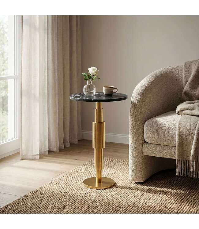 Wohnling Bijzettafel Marmer rond 59 cm Decoratietafel met Marmeren Tafelblad Zwart - Design Decoratietafel met Aluminium Frame - Bijzettafel Salontafel modern - Koffietafel Woonkamertafel elegant Handgemaakt