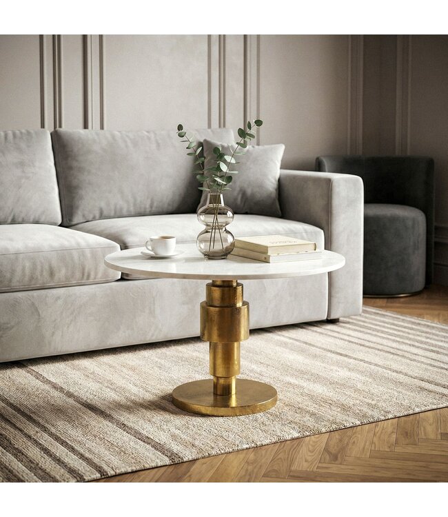 Wohnling Salontafel Goud 60cm met wit marmeren tafelblad - Ronde woonkamertafel - Moderne aluminium bijzettafel - Design tafel woonkamer metalen frame Handgemaakt