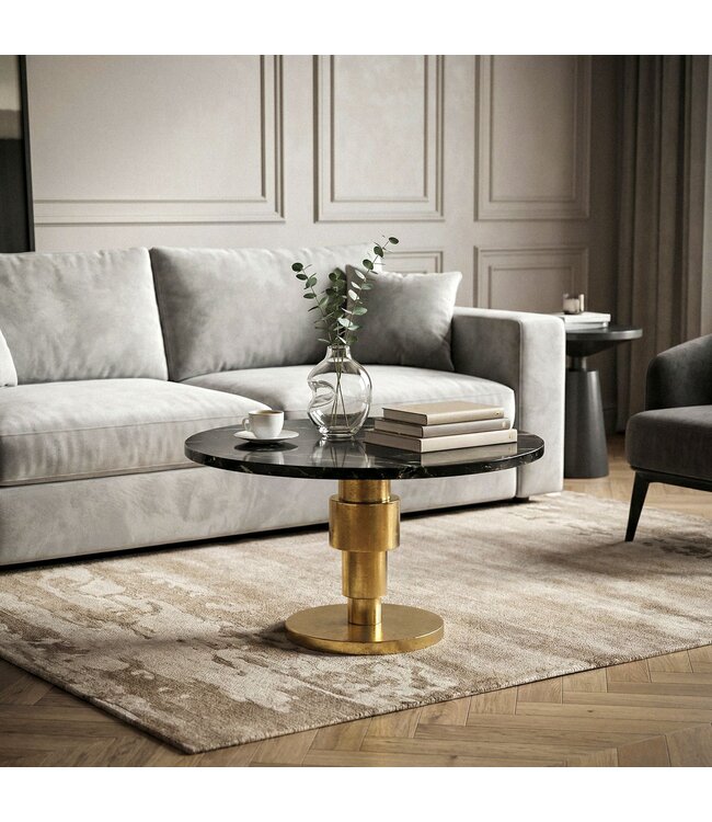 Wohnling Salontafel Goud 60cm met zwart marmeren tafelblad - Ronde woonkamertafel - Moderne aluminium bijzettafel - Design tafel woonkamer metalen frame Handgemaakt
