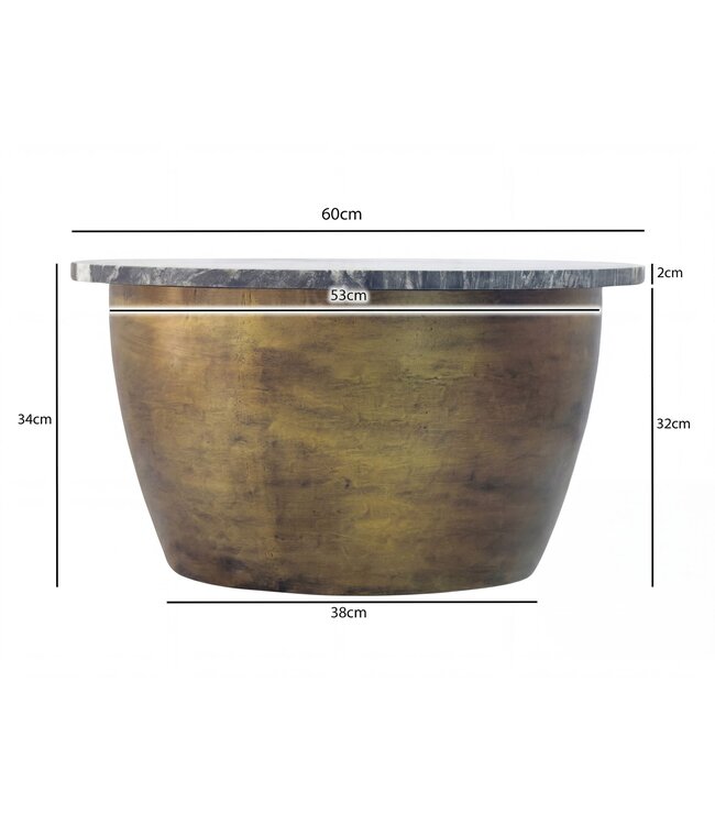 Wohnling Salontafel Metaal met zwart Marmer Tafelblad 60cm rond - Design Woonkamertafel Ronde Loungtafel - Massieve Banktafel - Extravagante Bijzettafel Handgemaakt