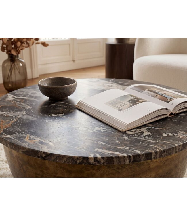Wohnling Salontafel Metaal met zwart Marmer Tafelblad 60cm rond - Design Woonkamertafel Ronde Loungtafel - Massieve Banktafel - Extravagante Bijzettafel Handgemaakt