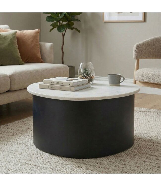 Wohnling Salontafel Zwart 63cm met wit marmeren tafelblad - Woonkamertafel Alu organische vorm - Sofa tafel Aluminium modern - Design Bijzettafel Metalen frame Handgemaakt