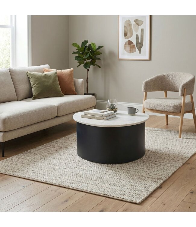 Wohnling Salontafel Zwart 63cm met wit marmeren tafelblad - Woonkamertafel Alu organische vorm - Sofa tafel Aluminium modern - Design Bijzettafel Metalen frame Handgemaakt