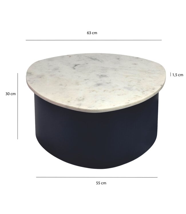 Wohnling Salontafel Zwart 63cm met wit marmeren tafelblad - Woonkamertafel Alu organische vorm - Sofa tafel Aluminium modern - Design Bijzettafel Metalen frame Handgemaakt