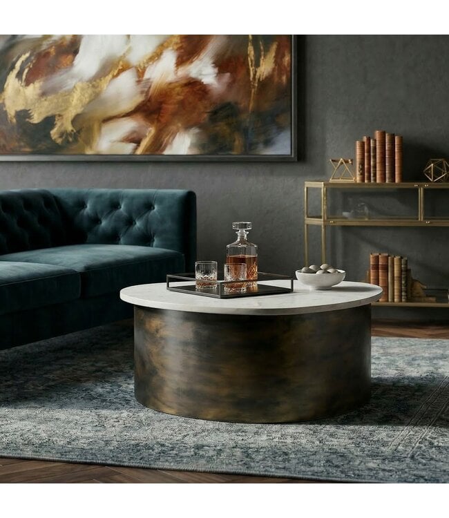 Wohnling Salontafel Goud 63cm met wit marmeren tafelblad - Woonkamertafel Alu organische vorm - Sofatafel Aluminium modern - Design Bijzettafel Metalen frame Handgemaakt