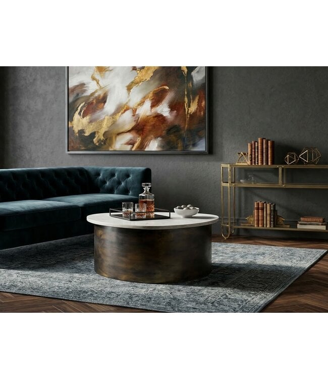 Wohnling Salontafel Goud 63cm met wit marmeren tafelblad - Woonkamertafel Alu organische vorm - Sofatafel Aluminium modern - Design Bijzettafel Metalen frame Handgemaakt