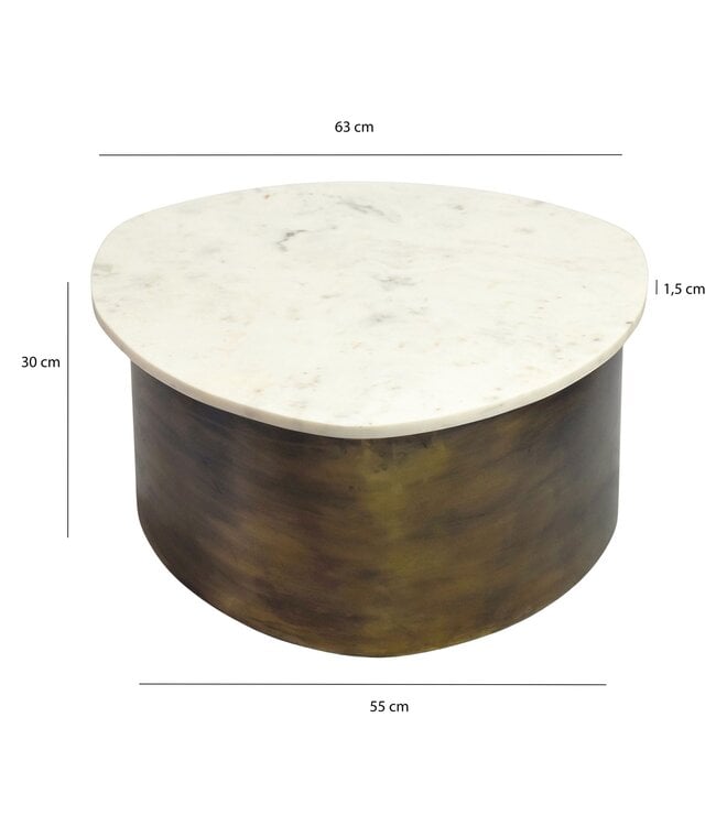Wohnling Salontafel Goud 63cm met wit marmeren tafelblad - Woonkamertafel Alu organische vorm - Sofatafel Aluminium modern - Design Bijzettafel Metalen frame Handgemaakt