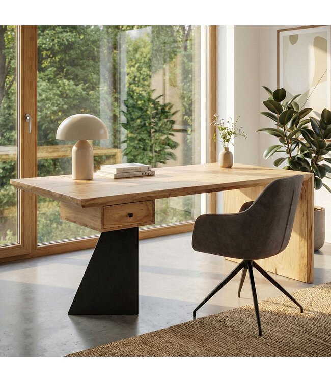 Wohnling Bureau van Massief Acaciahout 180 x 90 cm Rechthoekig met Lade - Modern Massief Bureau met Metaal - Natuurlijke Houten Tafel Industrieel Design