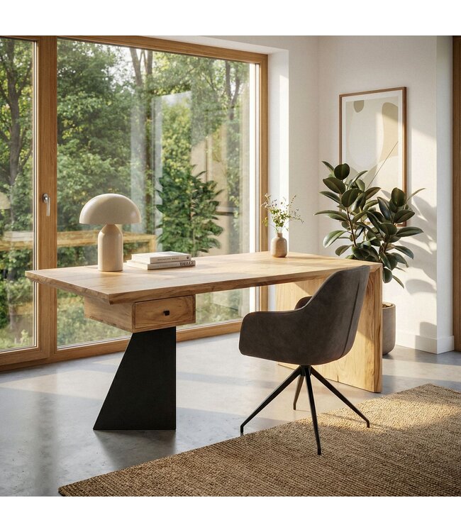 Wohnling Bureau van Massief Acaciahout 180 x 90 cm Rechthoekig met Lade - Modern Massief Bureau met Metaal - Natuurlijke Houten Tafel Industrieel Design