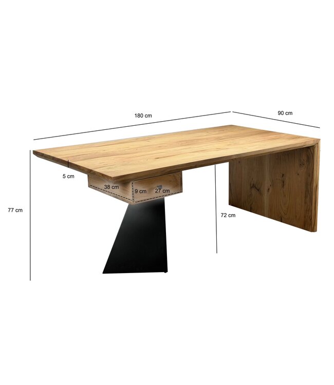 Wohnling Bureau van Massief Acaciahout 180 x 90 cm Rechthoekig met Lade - Modern Massief Bureau met Metaal - Natuurlijke Houten Tafel Industrieel Design
