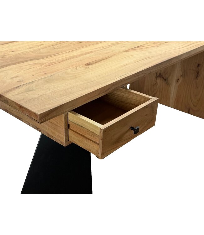 Wohnling Bureau van Massief Acaciahout 180 x 90 cm Rechthoekig met Lade - Modern Massief Bureau met Metaal - Natuurlijke Houten Tafel Industrieel Design