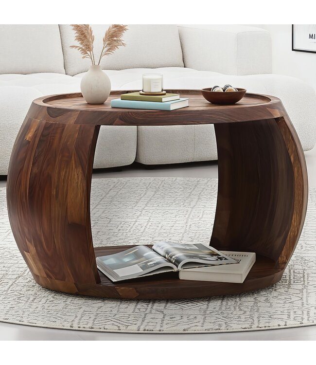 Wohnling Salontafel Sheesham Massief Hout Rond 60 cm x 50 cm x 40 cm · Woonkamertafel met Opbergvak · Handgemaakte Sofatafel van Echt Hout in Natuurlijk Landelijk Design