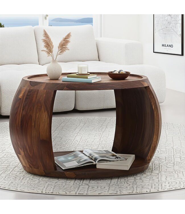 Wohnling Salontafel Sheesham Massief Hout Rond 60 cm x 50 cm x 40 cm · Woonkamertafel met Opbergvak · Handgemaakte Sofatafel van Echt Hout in Natuurlijk Landelijk Design